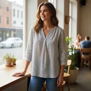 Liz Claiborne Navy White Striped Metallic Thread Tunic Top Size L Peasant Blouse